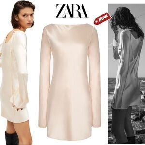 Kaia Gerber X Zara collection collaboration cream satin effect long sleeve dress